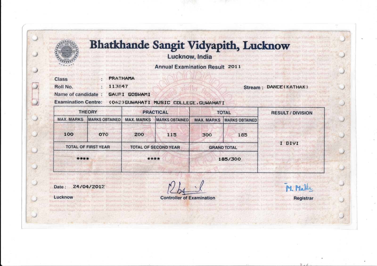 Bhatkhande Sangit Vidyapith Kathak Prathama Certificate