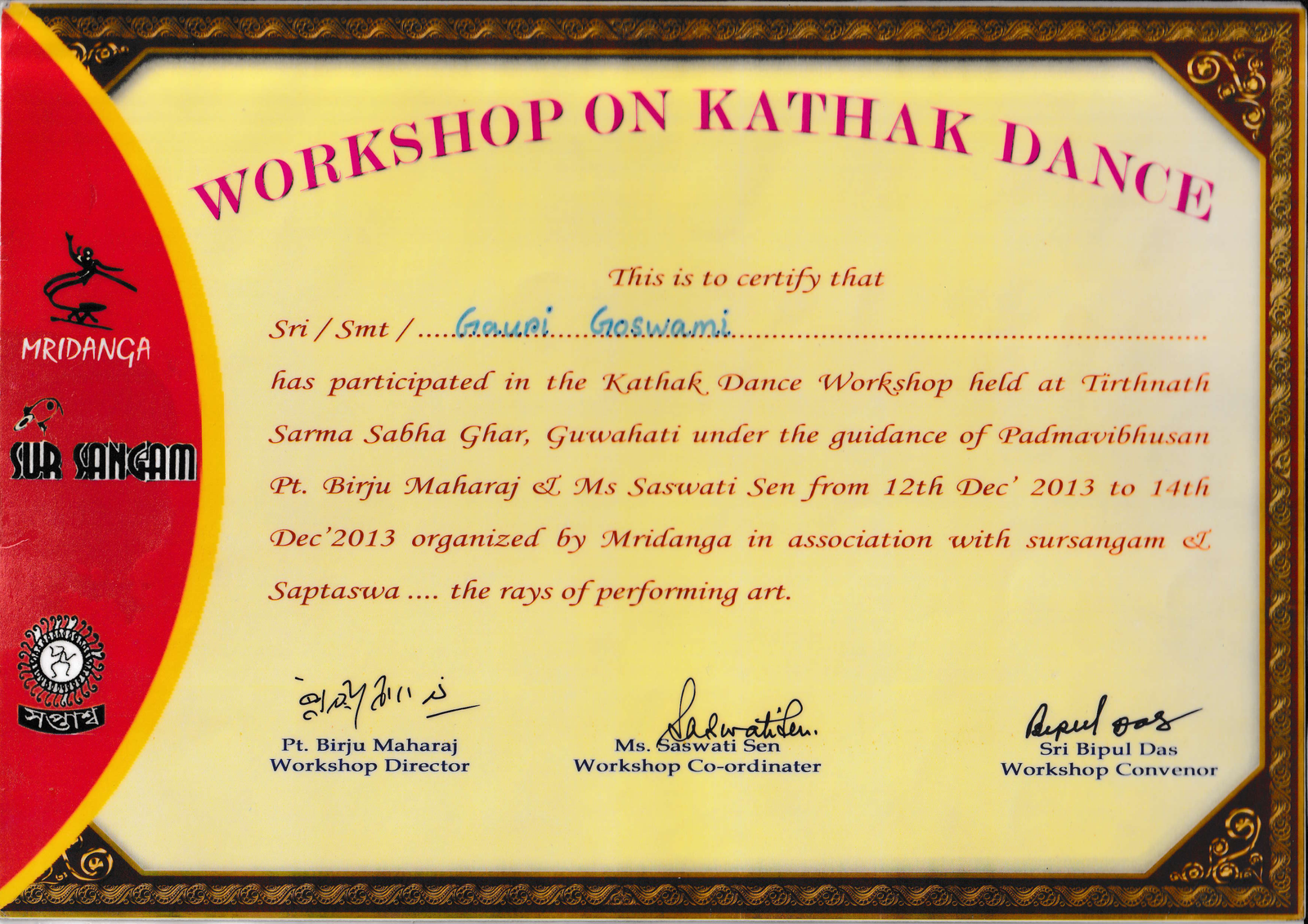 Kathak Dance Workshop Pt. Birju Maharaj Certificate