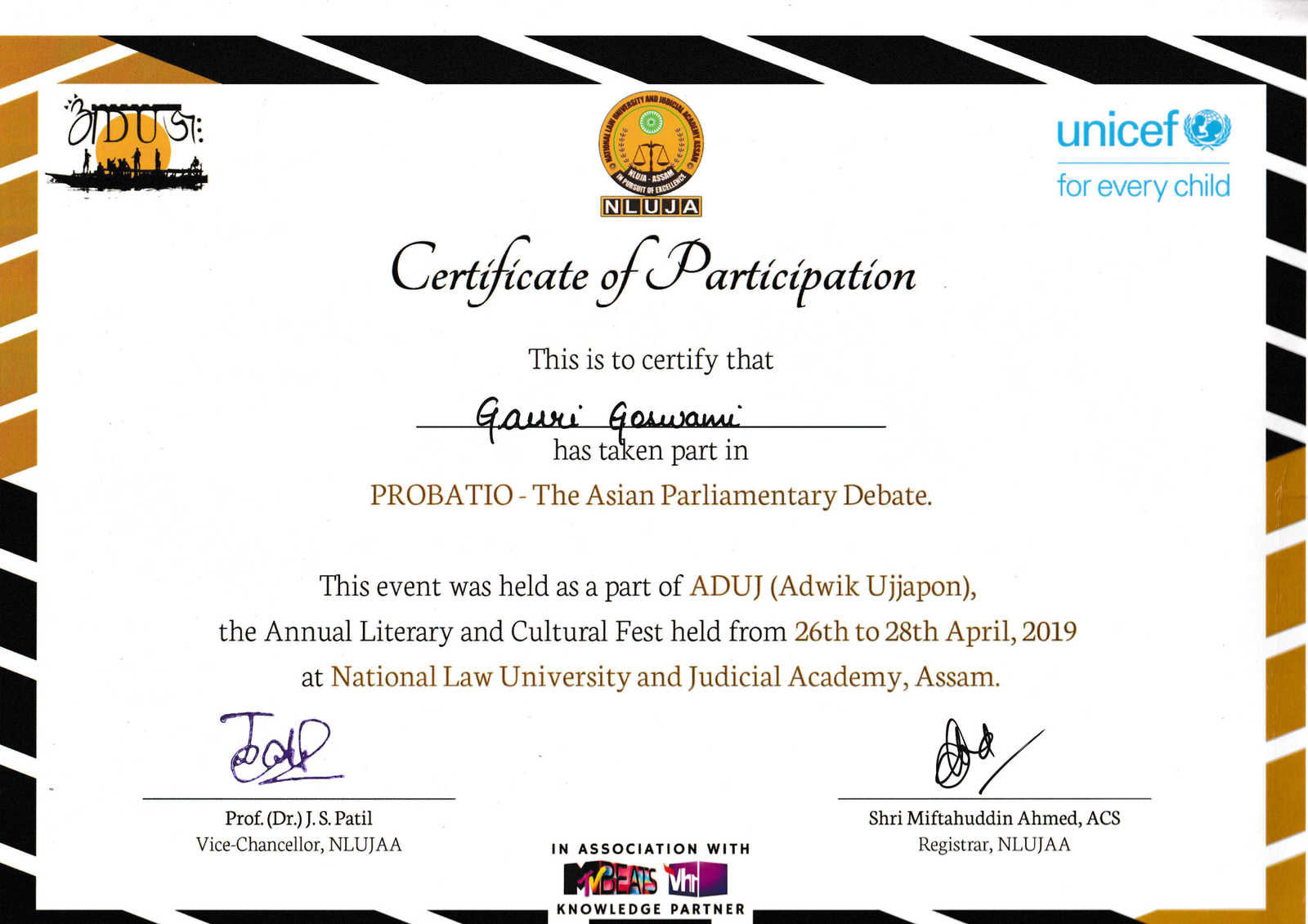 PROBATIO Asian Parliamentary Debate Certificate NLUJA Assam