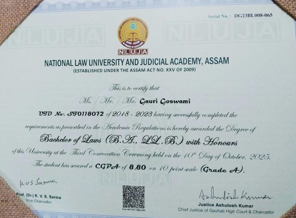 National Law University and Judicial Academy Assam B.A. LL.B. (Honours) Degree Certificate