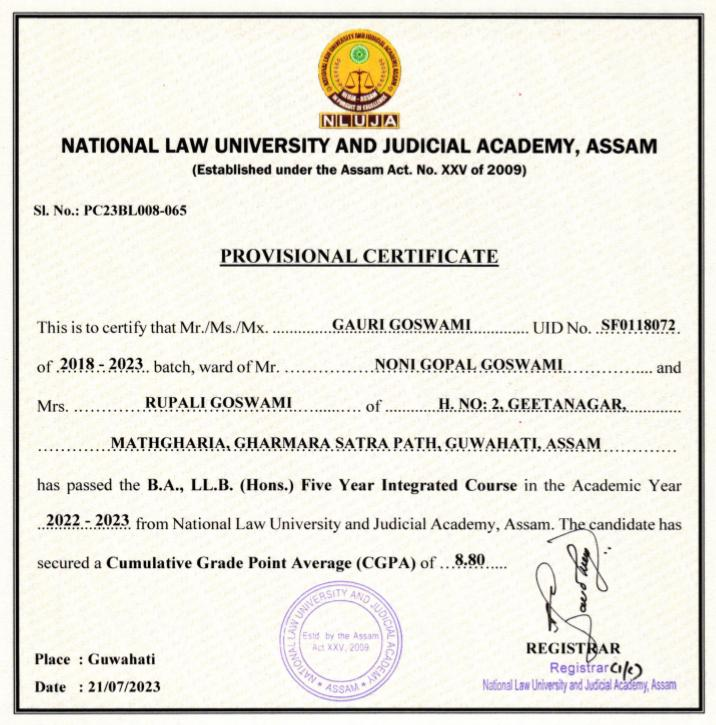 National Law University and Judicial Academy Assam Provisional Certificate B.A. LL.B. (Hons.)
