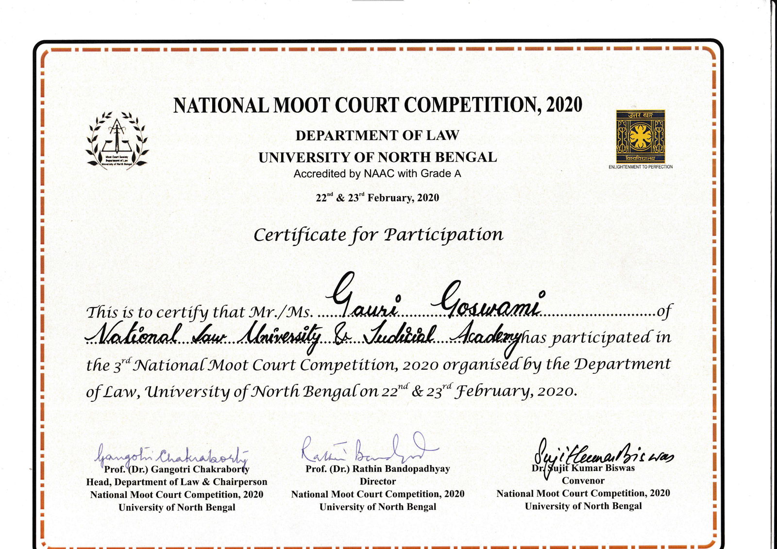National Moot Court Competition Certificate