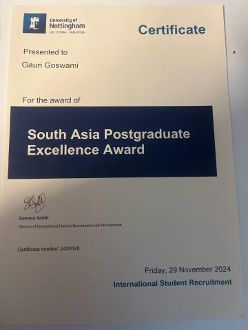South Asia Postgraduate Excellence Award Certificate — University of Nottingham 2024